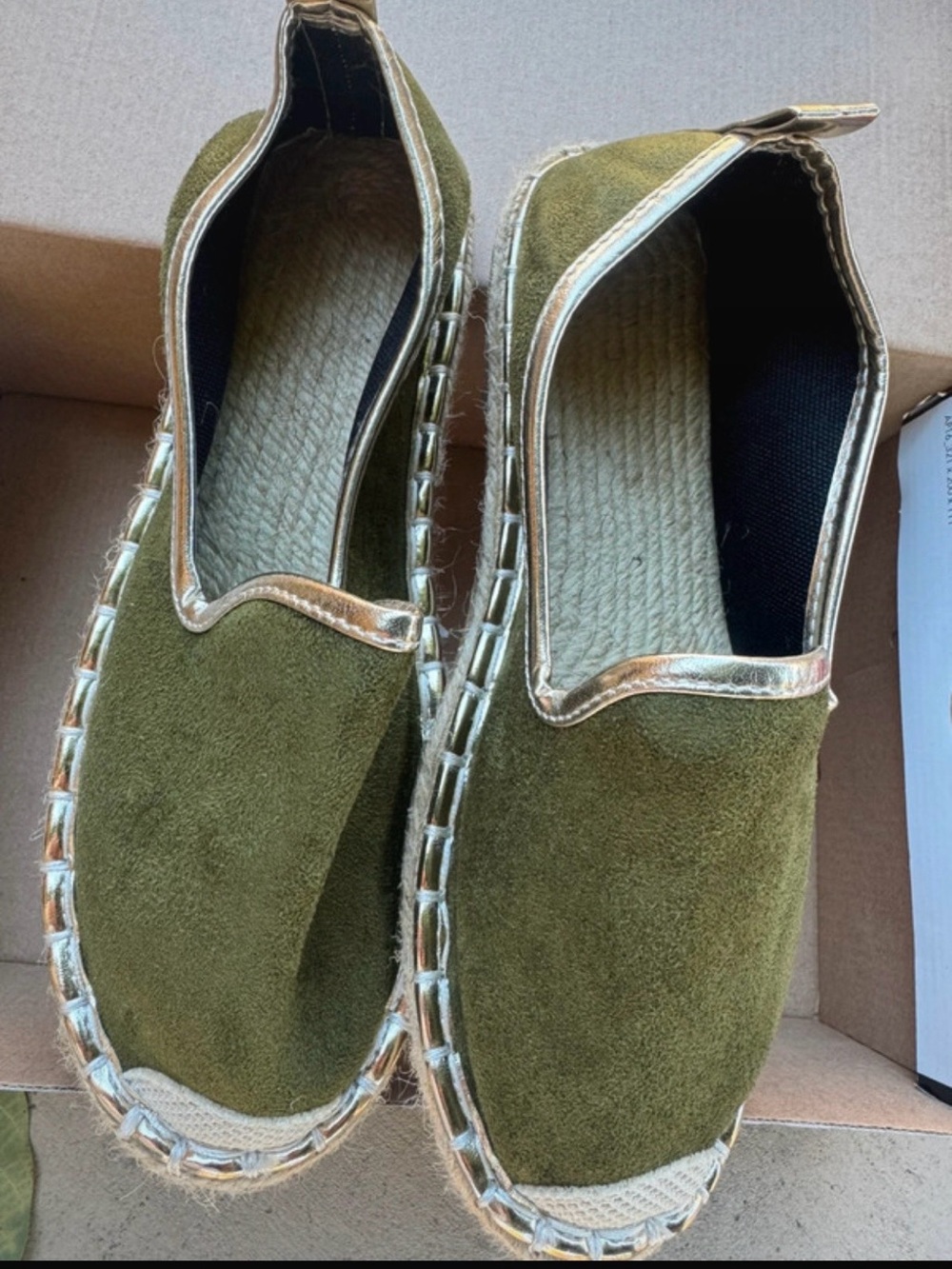 Women’s Olive Green Slip-On Espadrilles with Metallic Trim